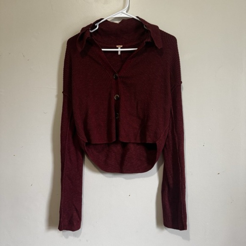 Free People Ribbed Collared Button Up Cropped Sweater Burgundy Boho Gypsy S